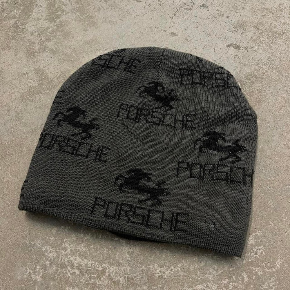 Porsche AOP Pattern Grunge Gorpcore Car Racing Knit Beanie Grey Black OSFA